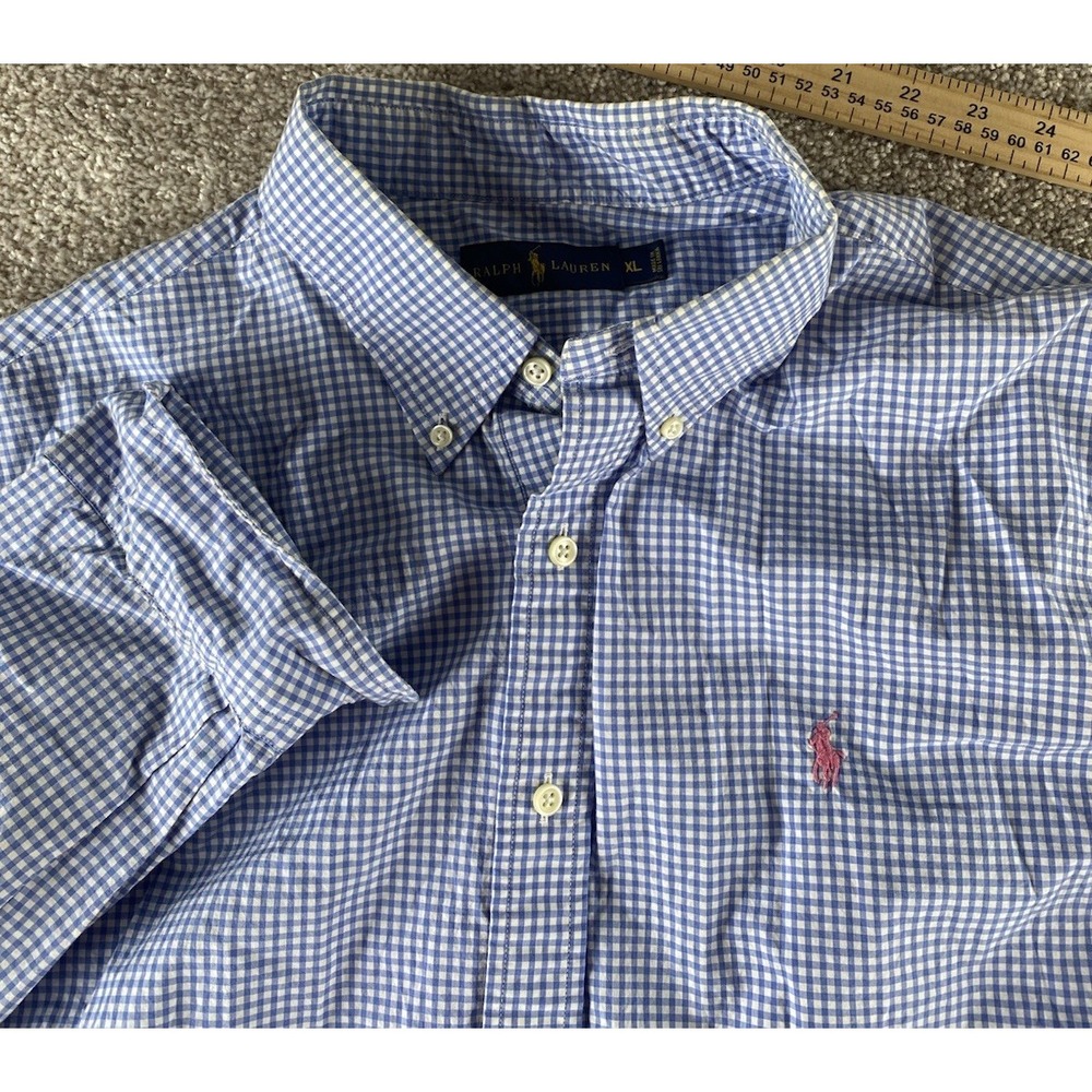 Polo Ralph Lauren Blue/White Gingham Check Shirt Pink Pony Mens XL Preppy Cotton
